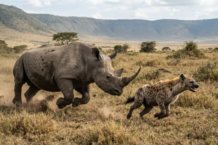 Rhinos Chasing Hyenas in Ngorongoro
