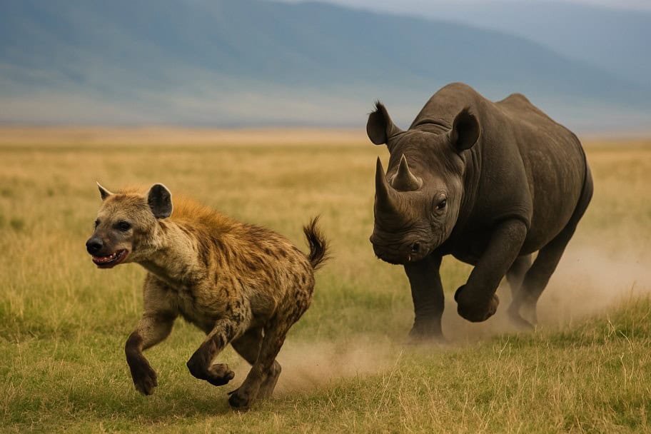 Rhinos Chasing Hyenas