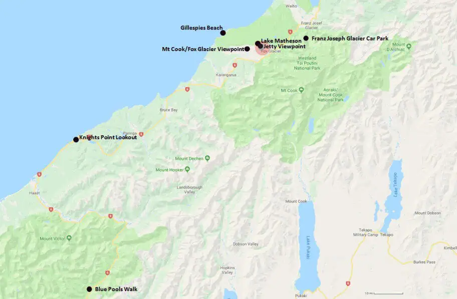 New Zealand Planning - Fox Glacier Hotel Range Map
