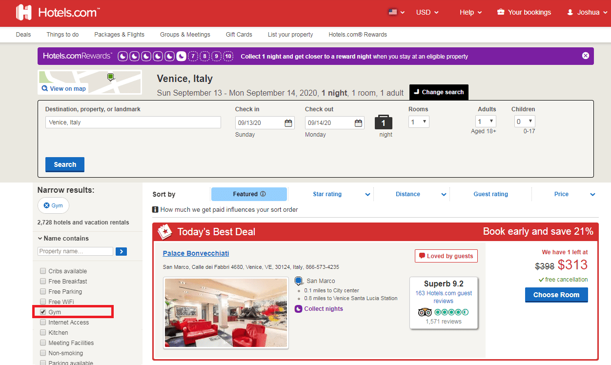 Search for Hotels with Gyms