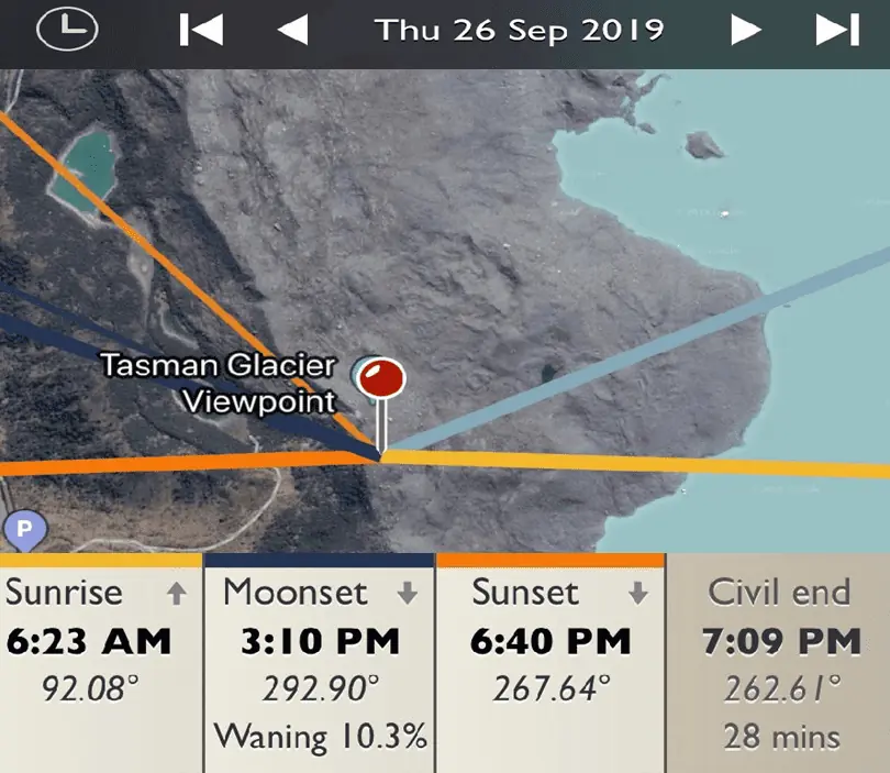Tasman Glacier Viewpoint - Sunrise and Sunset Detail Map