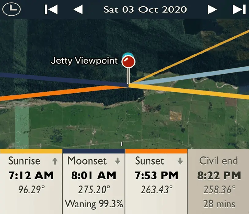 Jetty on Lake Matheson - Sunrise and Sunset Detail Map