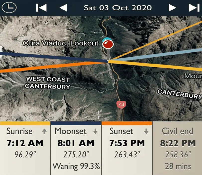Otira Viaduct Lookout - Sunrise and Sunset Detail Map