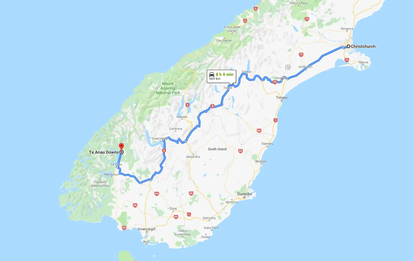 Christchurch to Te Anau Downs Driving Detail Map