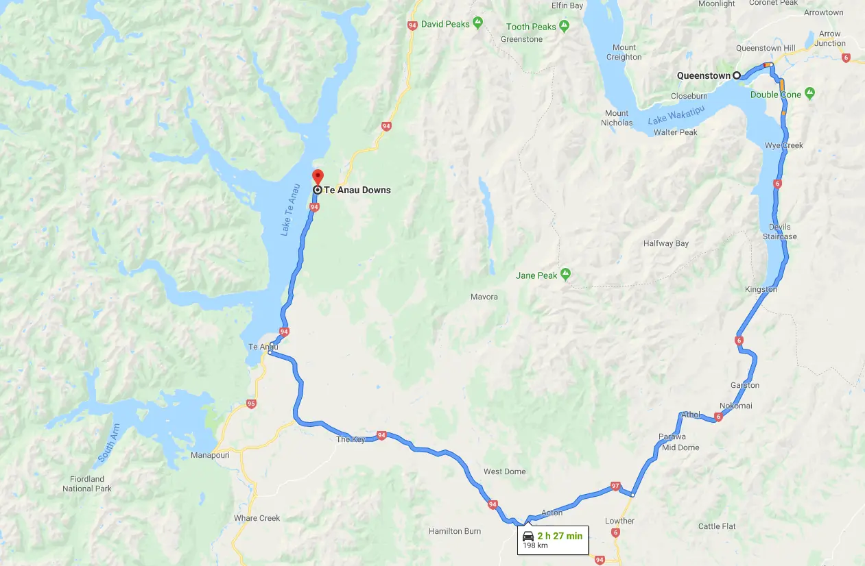 Queenstown to Te Anau Downs Driving Map