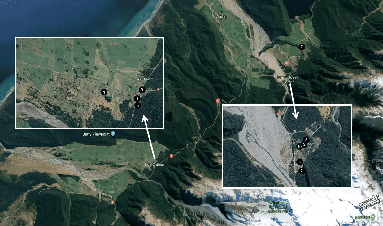 New Zealand Helicopter Tours - Fox Glacier and Franz Josef Glacier Hotels and Hostels Map