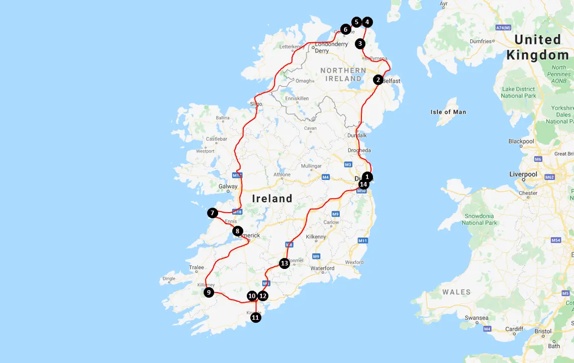 14 Day Ireland Travel Itinerary Map