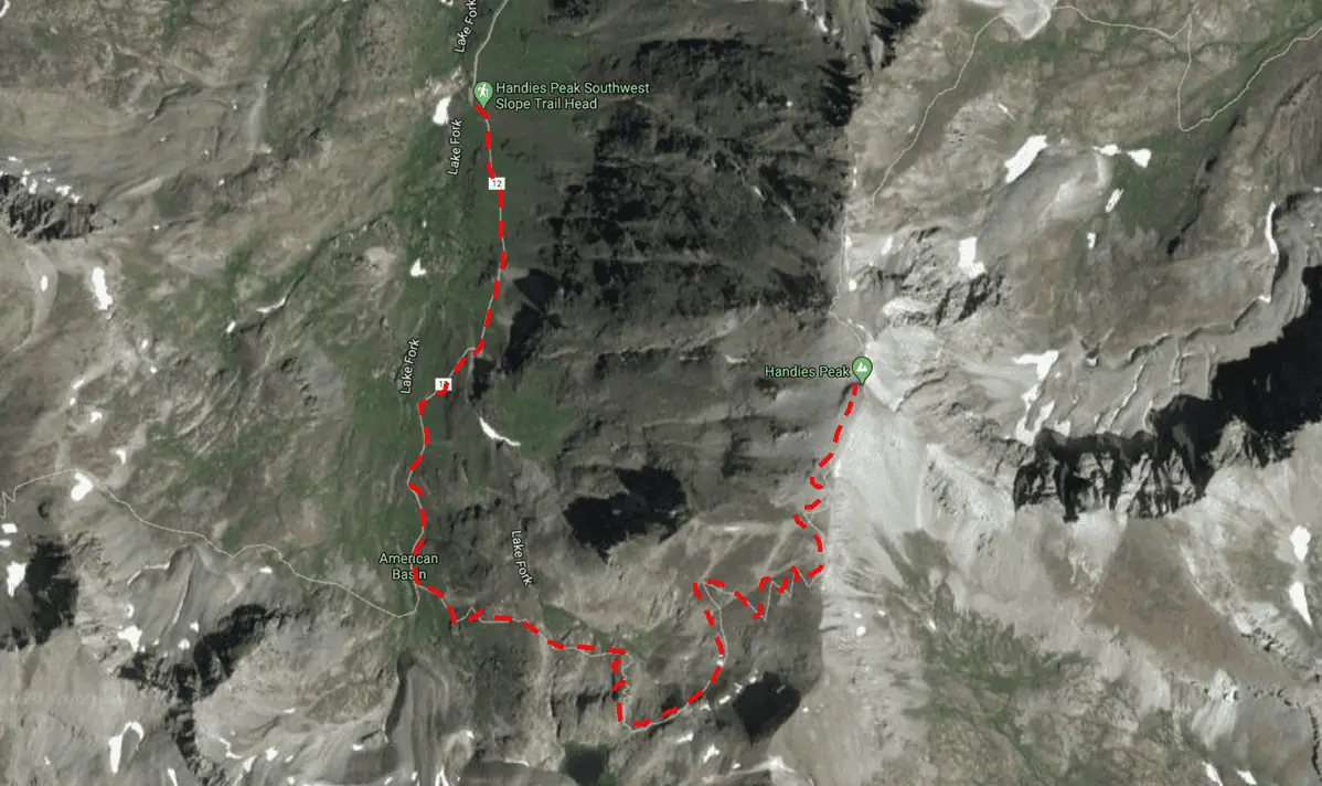 Best Fourteeners for Beginners - Handies Peak Trail Map