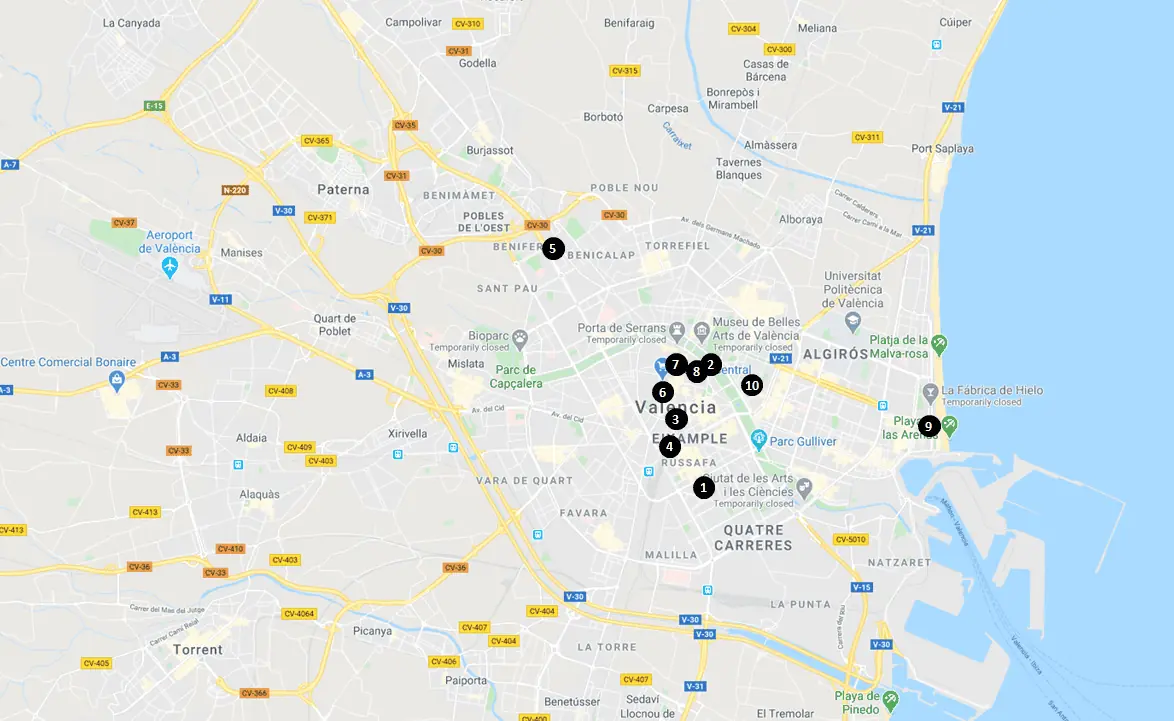 Valencia, Spain Hotels and Hostels Map