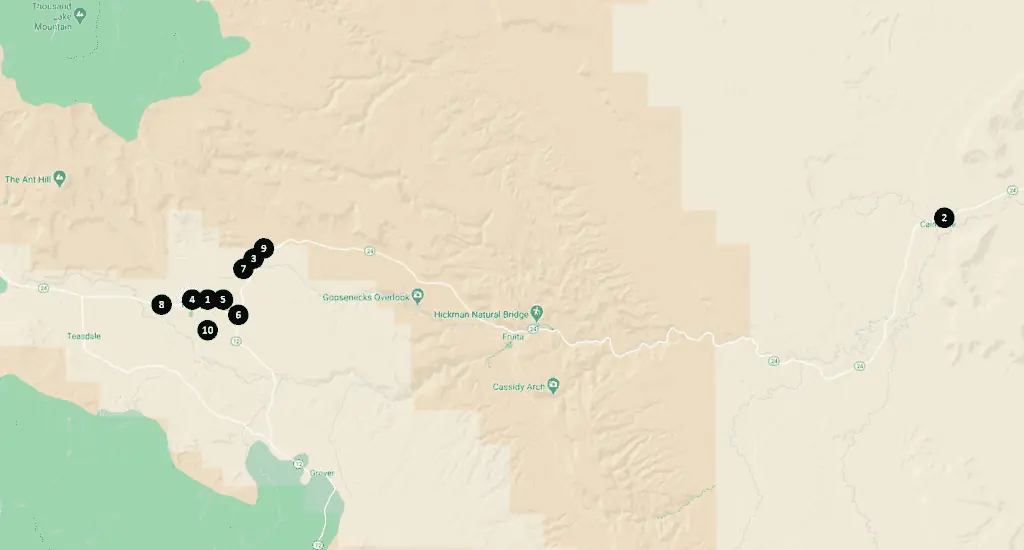 Capitol Reef National Park Area Hotels and Motels Map