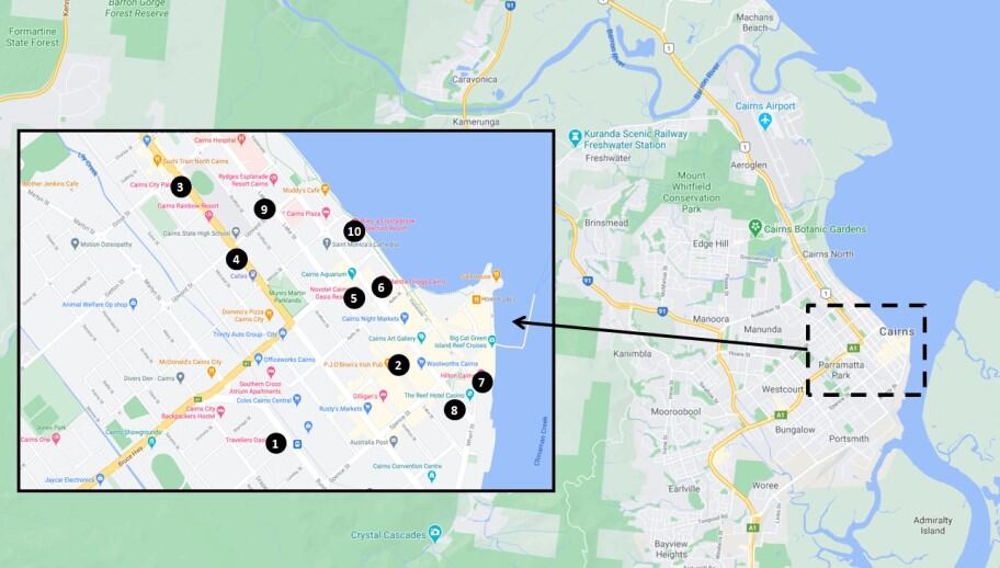 Cairns, Australia - Recommended Hotels and Hostels Map Cairns, Australia - Recommended Hotels and Hostels Map