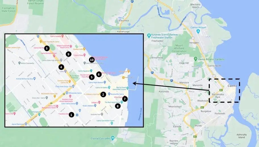 Cairns, Australia - Recommended Hotels and Hostels Map