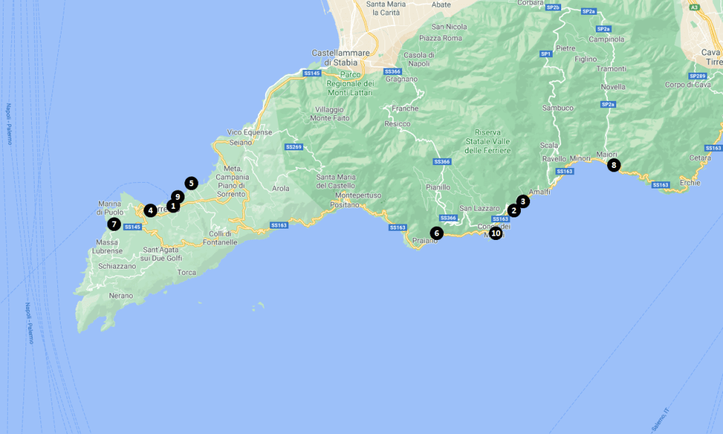 Amalfi Coast Recommended Hotels and Hostels Map