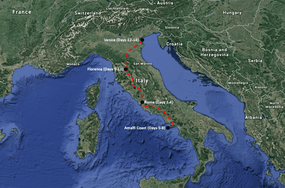 Italy Travel Itinerary Route Map