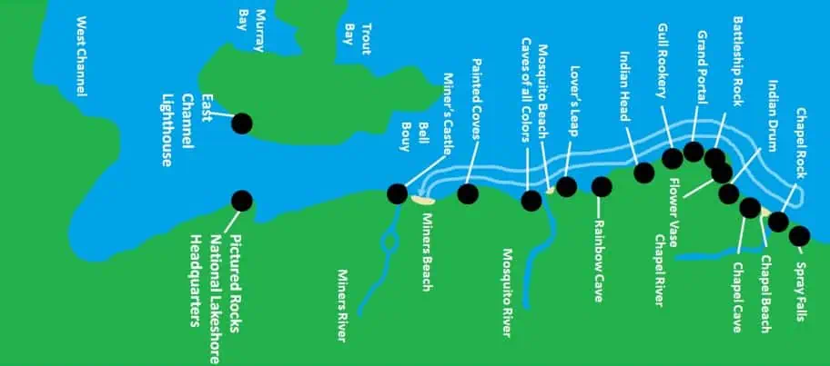 Pictured Rocks National Lakeshore Kayaking Route Map