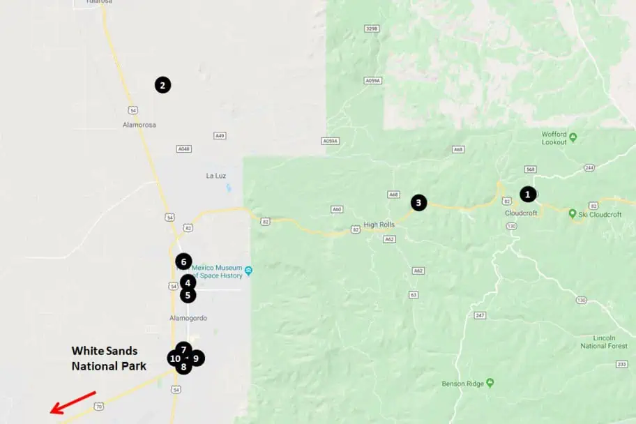 White Sands National Park Hotels and Motels Map