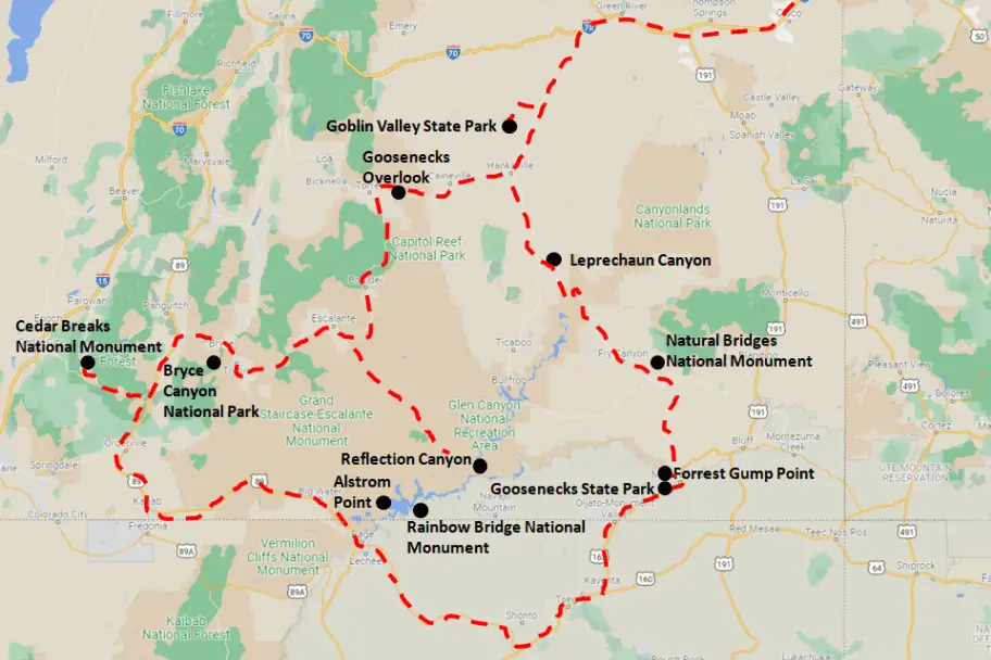 Southern Utah Road Trip Itinerary Map