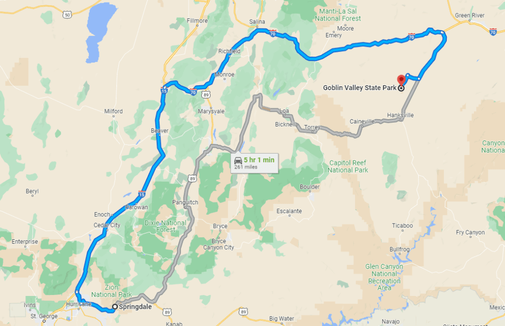 Goblin Valley State Park Guide - Springdale, Utah to Goblin Valley State Park Directions Map