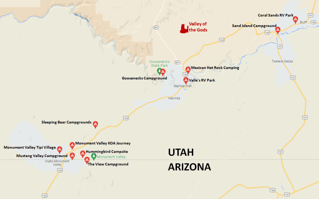 Valley of the Gods Campgrounds Map
