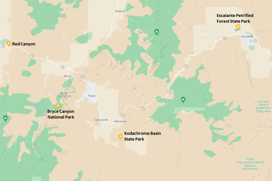 Southwest United States Travel Itinerary - Things to See Near Bryce Canyon National Park Map