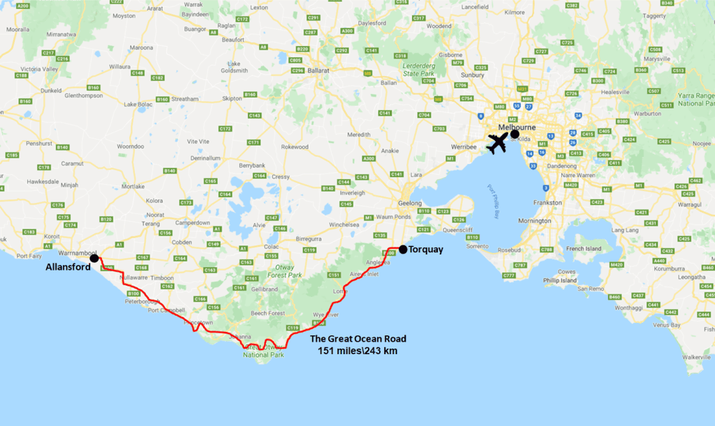 The Great Ocean Road in Australia Route Map