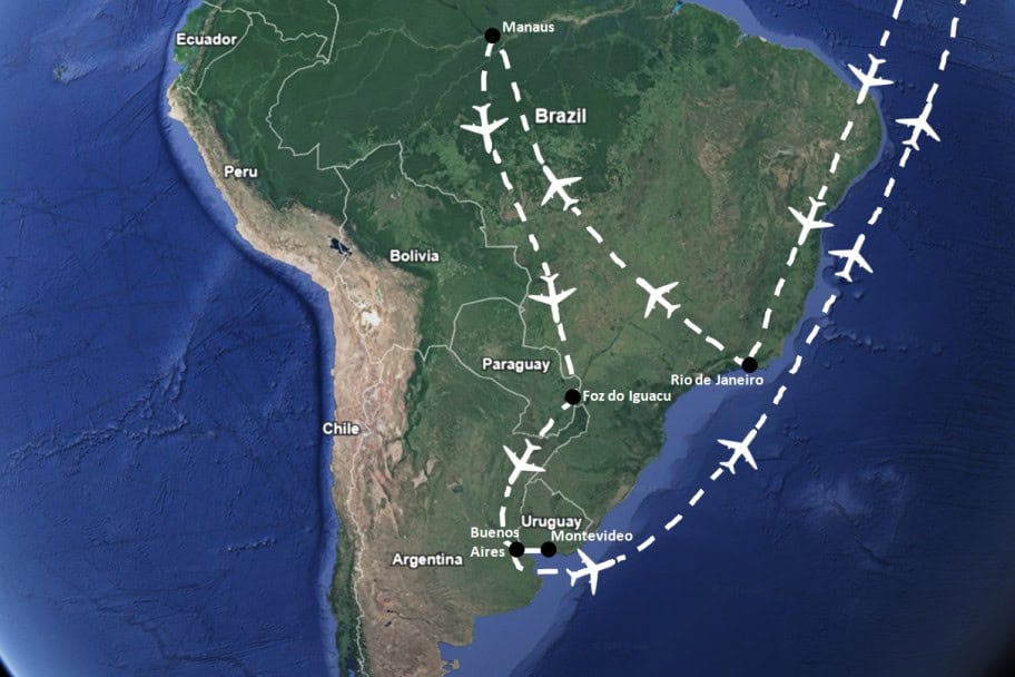 Brazil, Argentina, and Uruguay Trip Itinerary Map
