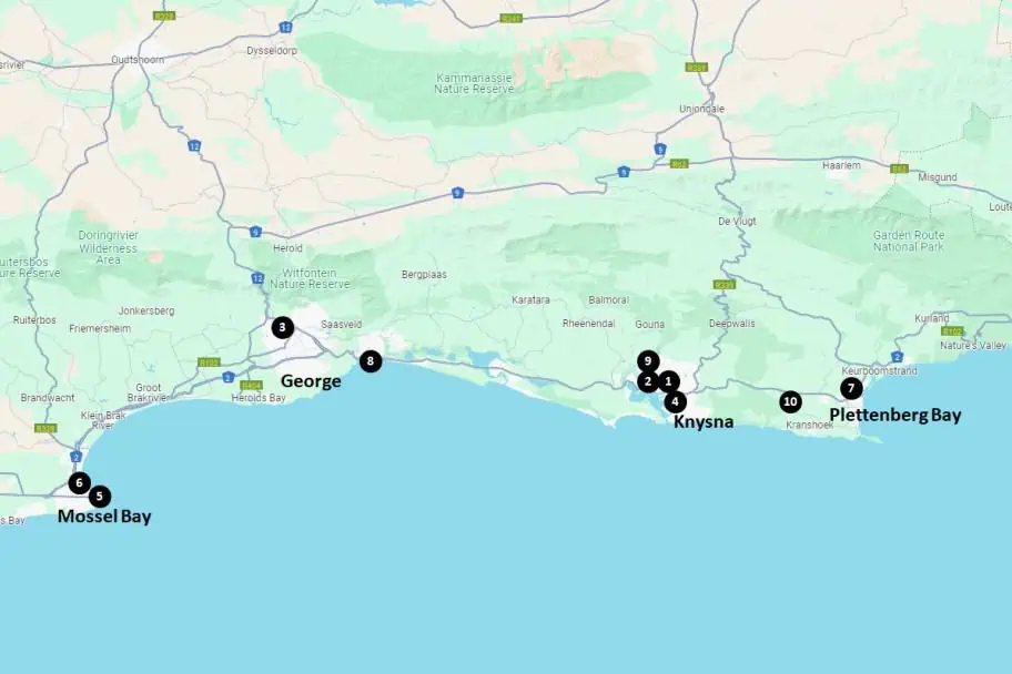 Garden Route Adventure Guide - Hotels and Hostels Map