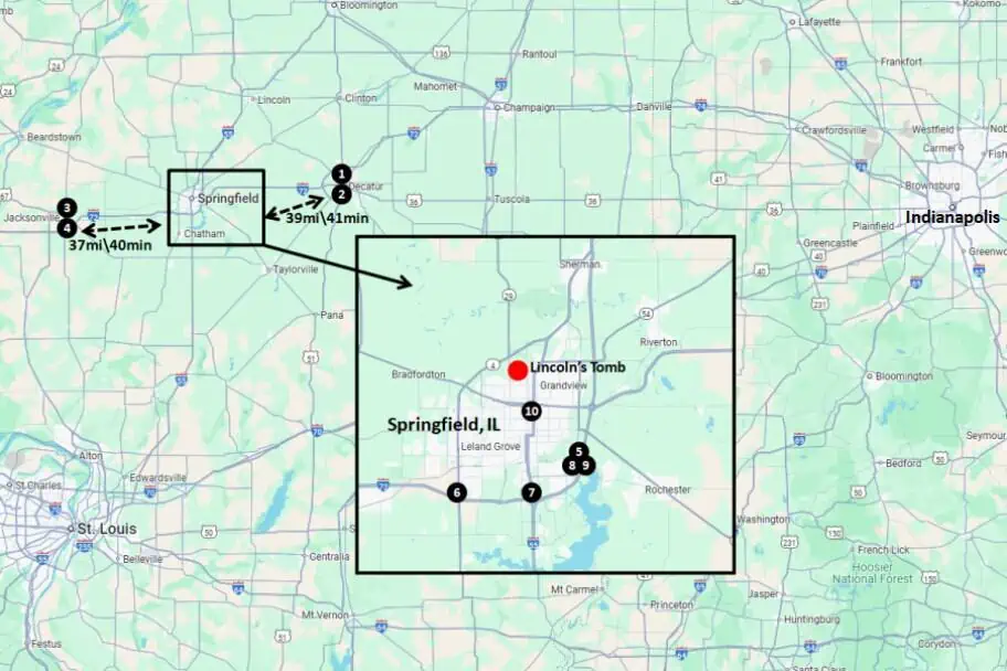 Springfield, IL Area Recommended Hotels and Motels Map