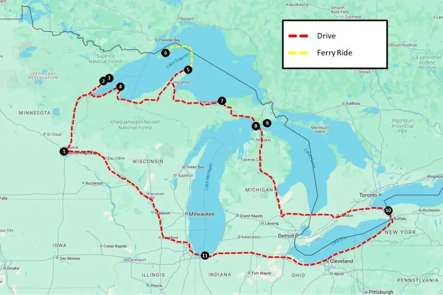 Great Lakes Road Trip Itinerary Map Great Lakes Road Trip Itinerary Map