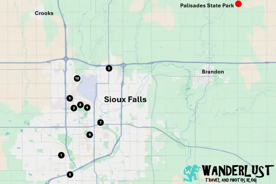 Palisades State Park guide - Recommended Sioux Falls, South Dakota Hotels Map